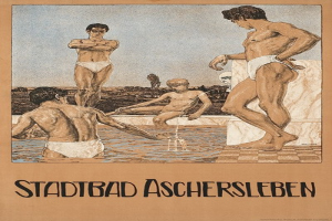 Gruppe von Menschen, die in einem Schwimmbad stehen und sitzen, mit Werbetext für Aschersleben, Deutschland.