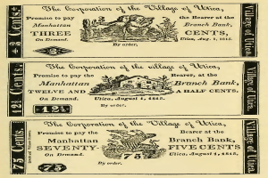 Ein altes Buch wirbt für eine Bank, auf dem ein Mann und eine Frau mit entschlossener Miene nebeneinander stehen, mit dem Text "Bank" und Zahlen, die den erhaltenen Geldbetrag anzeigen.