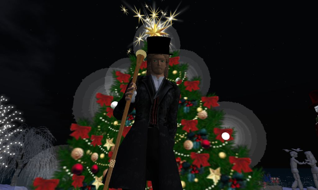 Eine Skulptur eines Mannes steht vor einem Weihnachtsbaum, mit zwei Spielzeugen auf der rechten Seite und sichtbaren Bearbeitungen im Bild.