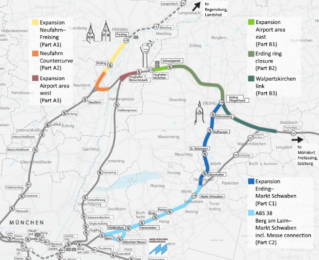 Eine detaillierte Karte einer Stadt mit einer hervorgehobenen Zugroute von München nach Frankfurt, einschließlich Haltestellen und der umliegenden Gegend, sowie zusätzlicher Zuginformationen.