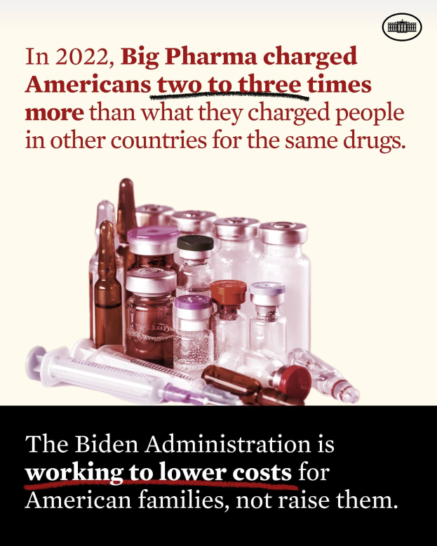 Ein Plakat, das zeigt, dass Big Pharma Amerikaner im Jahr 2022 zwei bis drei Mal so viel für dieselben Medikamente berechnet hat wie in anderen Ländern, mit Bildern von Medikamentenflaschen und einer Spritze darunter.