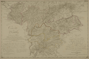 Ein detaillierter alter Stadtplan von Tirol, Deutschland, der Städte, Ortschaften, geografische Merkmale und Texte zeigt, die Informationen zur Bevölkerung, Straßen und Sehenswürdigkeiten liefern.