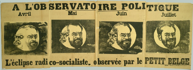 Ein Plakat mit Bildern von Menschen und Text auf Französisch, das ein politisches Event mit dem Titel "a l'observatoire politique - l'éclipse radio co-socialiste, observe par le petit belge" ankündigt.