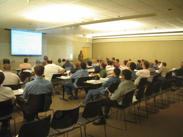 Ein Klassenraum mit einem Projektorbildschirm links, einem Projektor oben, einem Mann an einem Rednerpult in der Mitte, einer Person in einem karierten Hemd links und einer Wand mit einer Tür rechts.