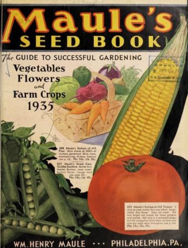 Ein Buch mit dem Titel "Maule's Seed Book: Das Handbuch für erfolgreichen Gartenbau von Gemüse, Blumen und Feldfrüchten 1935" mit Bildern verschiedener Gemüse und Text auf dem Cover.