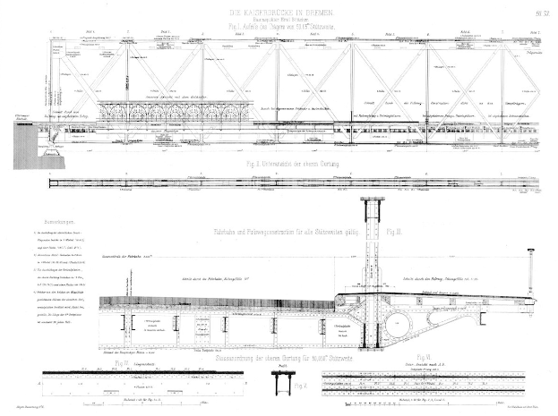 Eine detaillierte Zeichnung einer Brücke, einschließlich der Kaiserbrücke in Bremen, mit begleitendem Text für weitere Informationen.