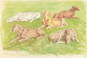 Ein realistische Malerei von mehreren Dackeln, die auf einem leuchtend grünen Feld unter einer strahlenden Sonne liegen.