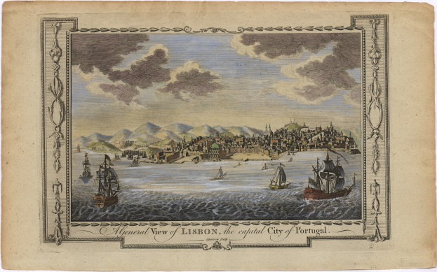 Luftaufnahme von Lissabon, Portugal, mit Booten auf dem Wasser, Gebäuden auf Hügeln und einem bewölkten Himmel, mit Text unten.