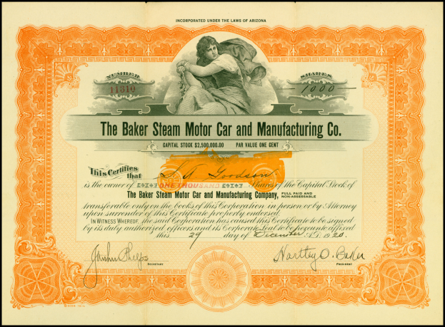 Ein gerahmtes Aktienzertifikat der Baker Steam Motor Car and Manufacturing Co., das einen dekorativen Rahmen, ein goldenes Siegel oben und eine Illustration einer Person zeigt.