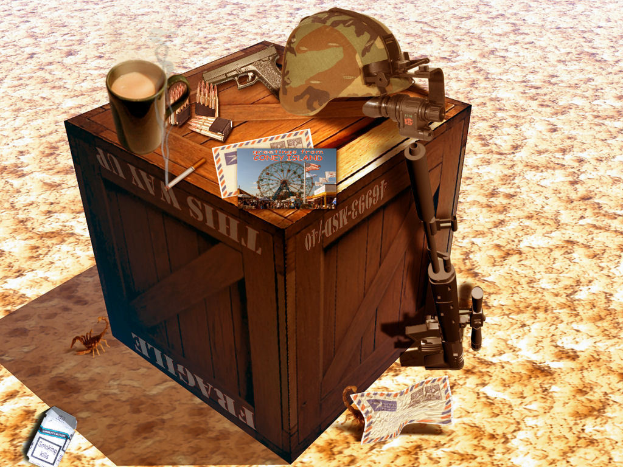 Ein Bild, das eine Kiste mit einer Mütze, einer Pistole, mehreren Mützen, Papieren und einem Schlüssel zeigt, mit Skorpionen und einem Papier auf dem Weg.