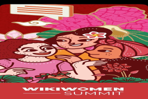 Plakat für den Wikiwomen Summit 2019 mit drei Frauen in der Mitte umgeben von Blumen und Blättern und dem Text "Wikiwomens Summit 2019" unten.