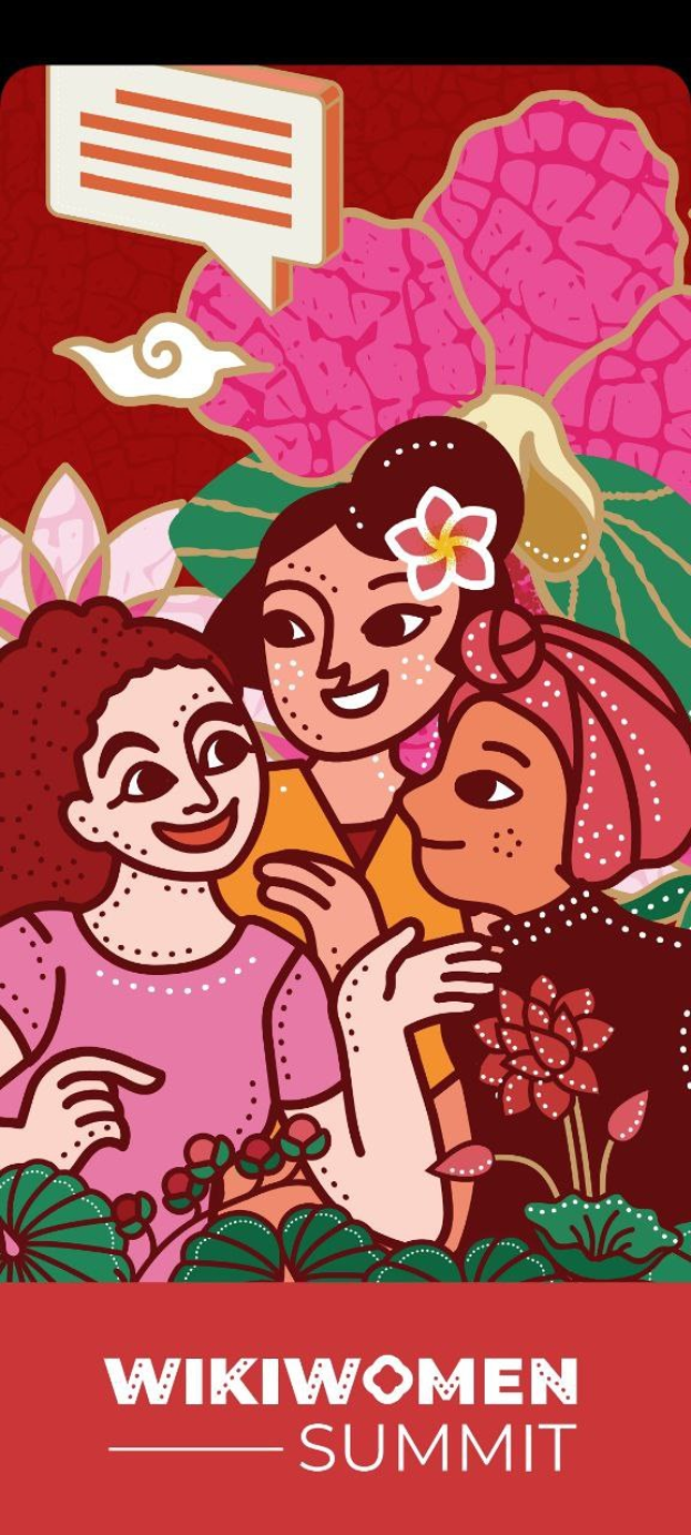 Plakat für den Wikiwomen Summit 2019 mit drei Frauen in der Mitte umgeben von Blumen und Blättern und dem Text "Wikiwomens Summit 2019" unten.