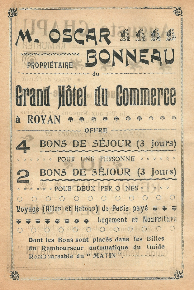Schwarze und weiße Anzeige für das Grand Hotel du Commerce in Paris mit Text über die Hotelservices.