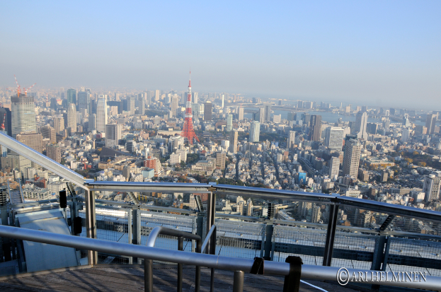 Luftaufnahme einer Stadt mit Gebäuden und einem Fluss, ein Metallstabzaun im Vordergrund und Text unten.