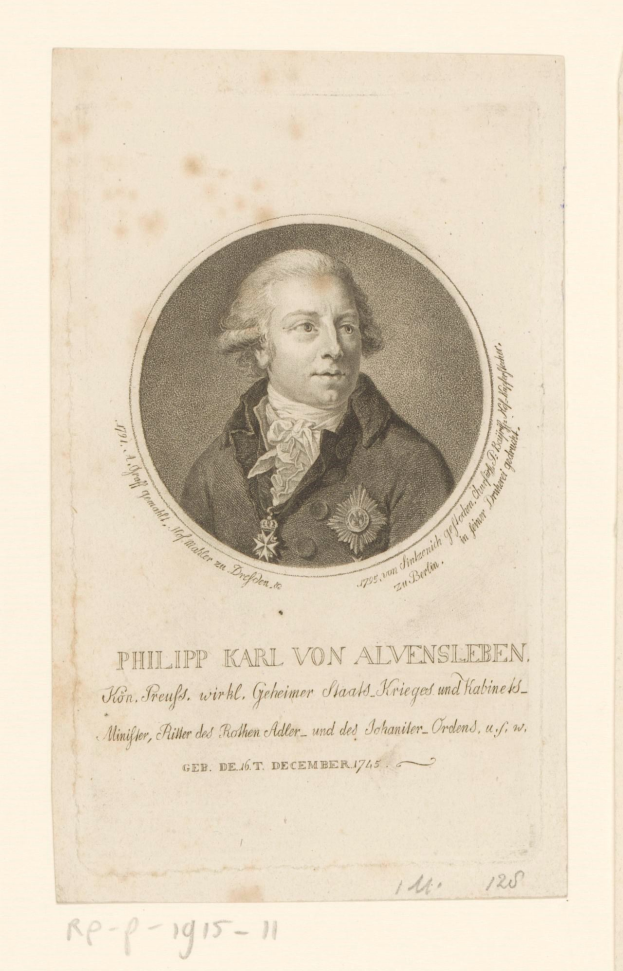 Porträt von Philipp Karl von Alvensleben, einem deutschen Staatsmann, der einen Anzug und eine Krawatte trägt, mit einem ernsten Gesichtsausdruck, dunklen Haaren und vor der Brust verschränkten Händen, der abwesend in die Ferne schaut, mit Text überlagert auf dem Bild.