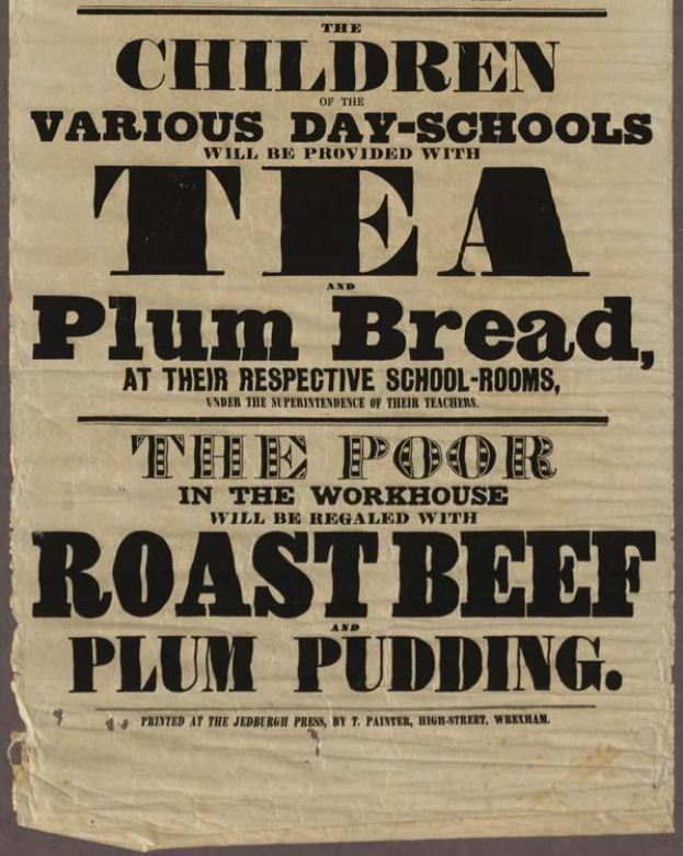 Ein Blatt mit der Aufschrift "Die Kinder der verschiedenen Tagesschulen erhalten Tee, Pflaumenbrot und Rindfleisch und Pflaumenpudding"