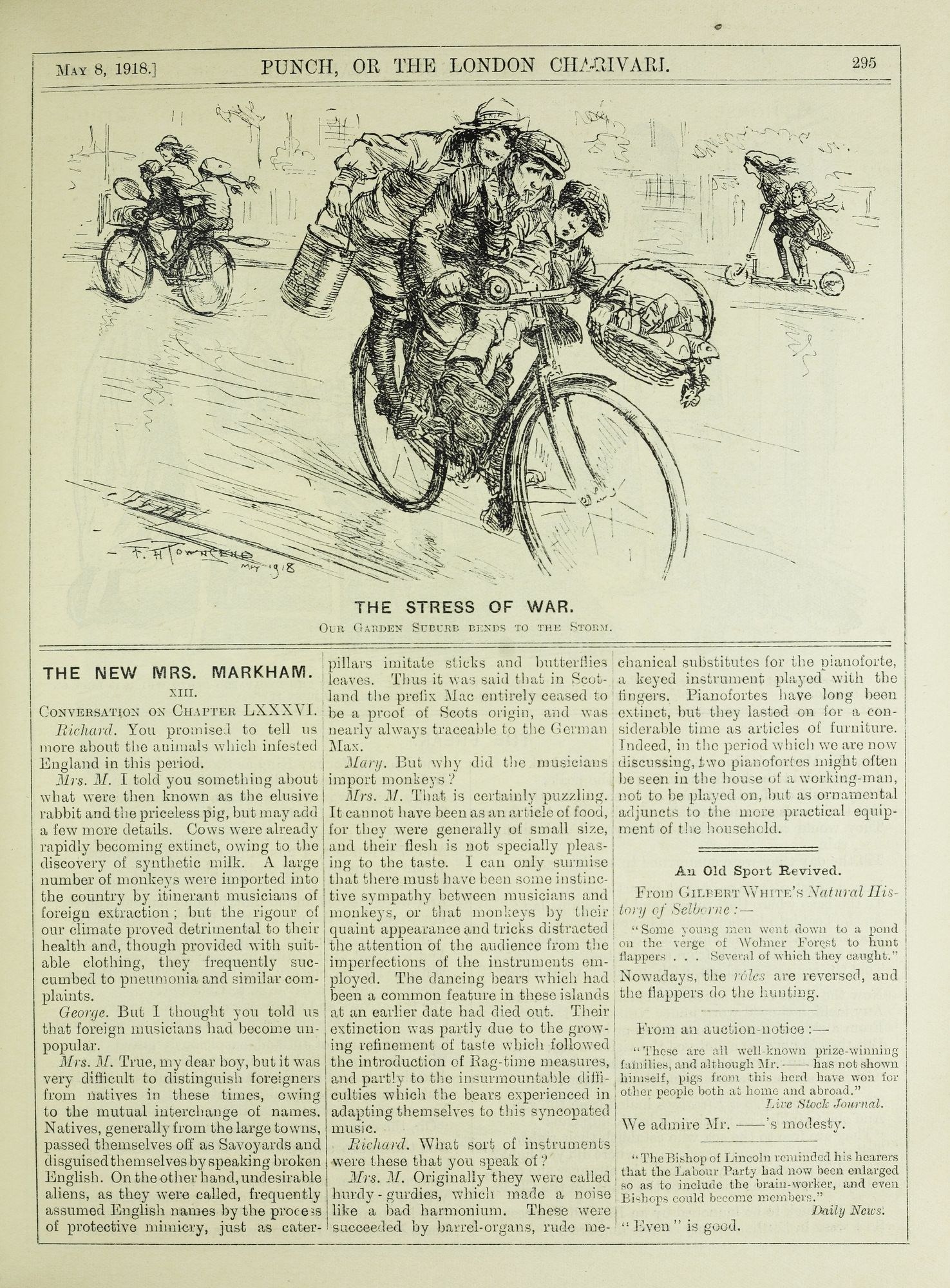 Eine Schwarz-Weiß-Illustration in einem alten Buch zeigt eine Gruppe von Menschen mit Helmen auf Fahrrädern, mit einer handgeschriebenen Notiz, die die Szene beschreibt.