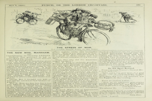 Eine Schwarz-Weiß-Illustration in einem alten Buch zeigt eine Gruppe von Menschen mit Helmen auf Fahrrädern, mit einer handgeschriebenen Notiz, die die Szene beschreibt.