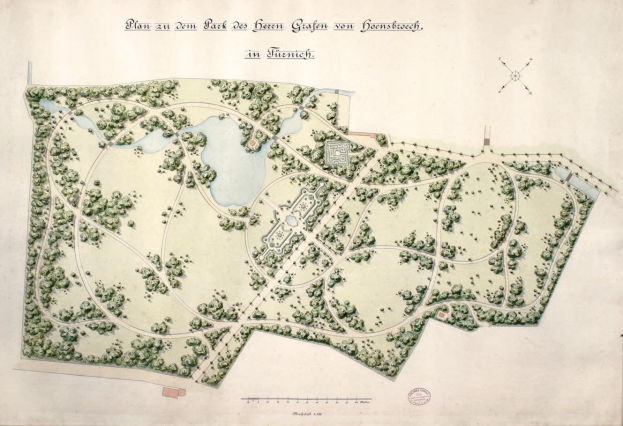 Eine Karte eines Parks mit einem zentralen Teich, umgeben von Bäumen und Pflanzen, mit begleitendem Text, der zusätzliche Informationen liefert.