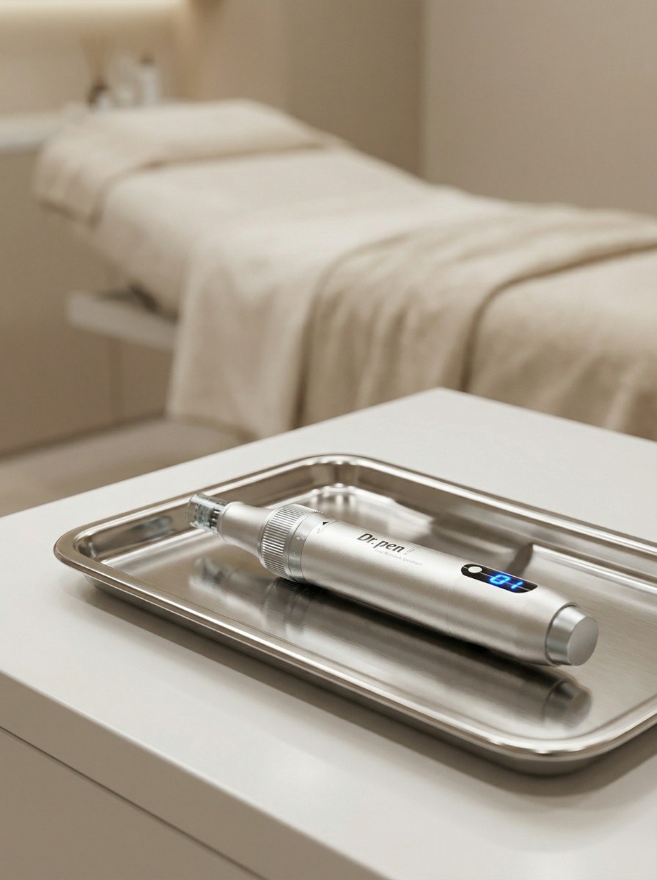 Professionelles Microneedling-Gerät auf einem hygienischen Tablett in einem modernen Kosmetikstudio.
