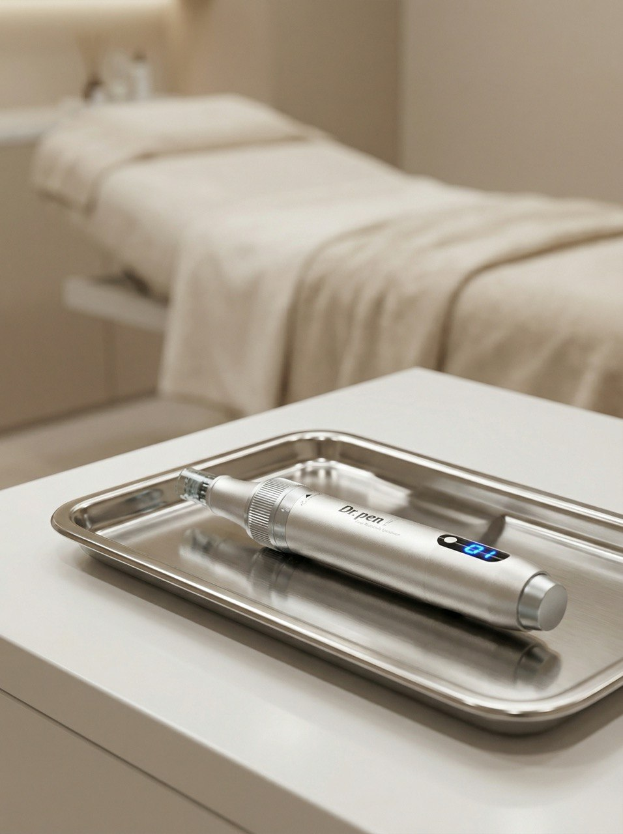Professionelles Microneedling-Gerät auf einem hygienischen Tablett in einem modernen Kosmetikstudio.