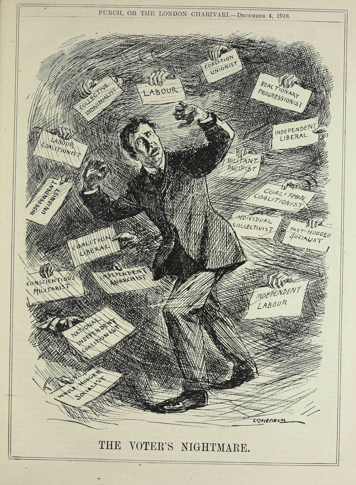 Ein Blatt mit einer Zeichnung eines Mannes im Anzug und Krawatte, der ein Schild hält, auf dem steht: 'Der Albtraum des Wählers' und damit Entschlossenheit mit einer fetten Schrift ausdrückt.