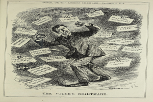 Ein Blatt mit einer Zeichnung eines Mannes im Anzug und Krawatte, der ein Schild hält, auf dem steht: 'Der Albtraum des Wählers' und damit Entschlossenheit mit einer fetten Schrift ausdrückt.