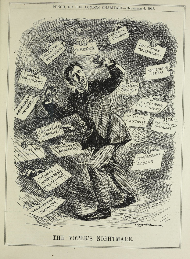 Ein Blatt mit einer Zeichnung eines Mannes im Anzug und Krawatte, der ein Schild hält, auf dem steht: 'Der Albtraum des Wählers' und damit Entschlossenheit mit einer fetten Schrift ausdrückt.