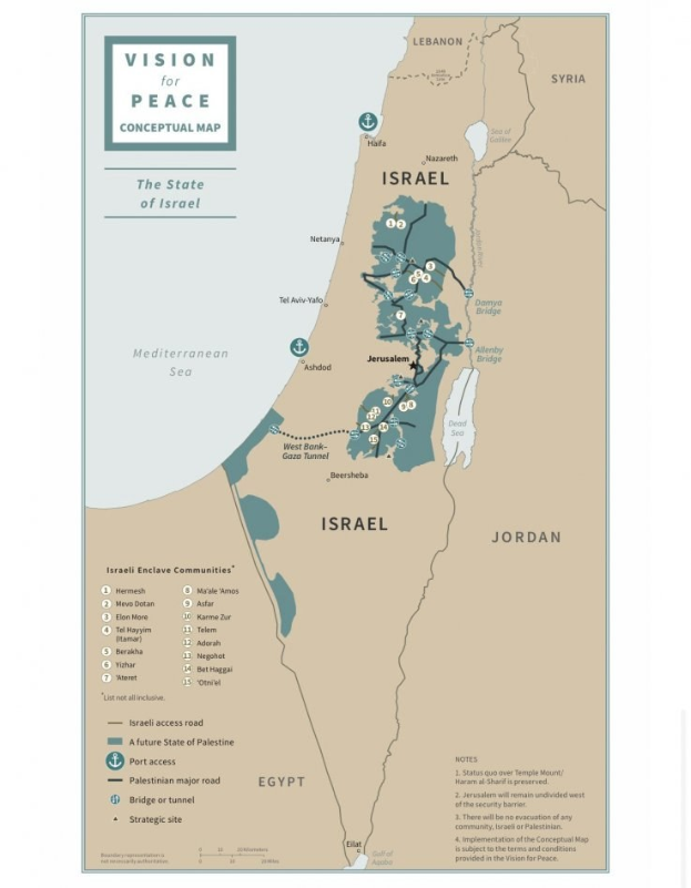Ein Plakat mit der Aufschrift "Vision für Frieden - Konzeptkarte", das eine farbcodierte Karte Israels mit fetter schwarzer Schrift zeigt.