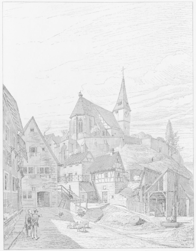 Schwarzes und weißes Bild einer Straßenszene mit einer Kirche im Hintergrund, umgeben von Gebäuden, Menschen, Tieren, Bäumen und Himmel, mit der Bildunterschrift "Die Kirche der Heiligen Dreifaltigkeit in der Altstadt von Heidelberg, Deutschland" unten.