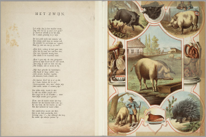 Ein aufgeschlagenes Buch mit Illustrationen von Schweinen, Hühner und anderen Bauernhoftieren, mit Text auf der linken Seite.