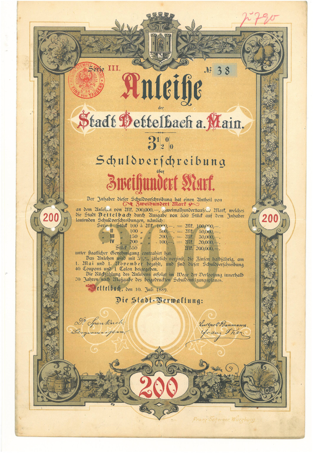 Ein altes deutsches Aktienzertifikat mit einem Portraet eines Mannes und gedruckten Text- und Zahlenwerten.