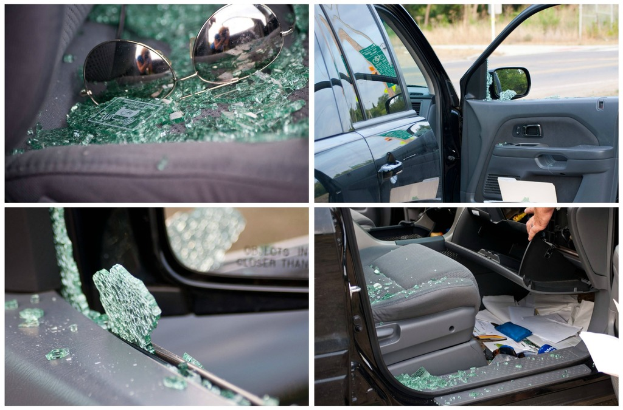 Eine Collage aus vier Bildern: eine Brille auf zerbrochenem Glas, eine Seitansicht eines Autos, ein zerbrochenes Autofenster und ein Autositz voller Glasscherben.