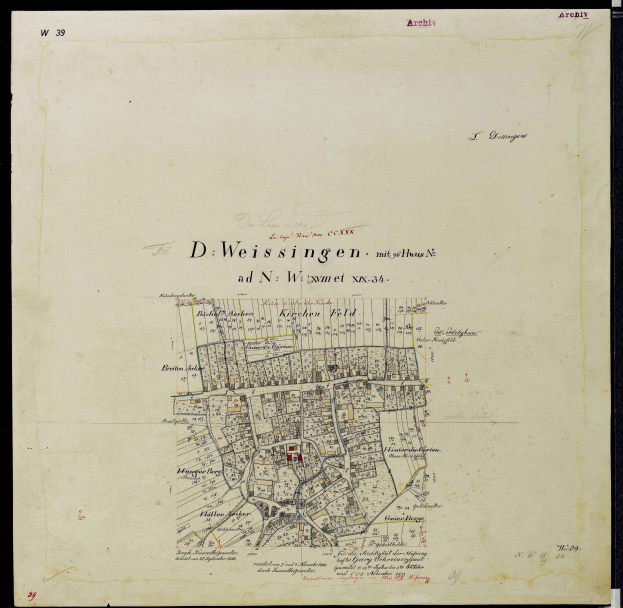 Ein altes Stadtplan von Weissingen, Deutschland, mit schwarzem Rand, der Straßen, Gebäude und Sehenswürdigkeiten zeigt.