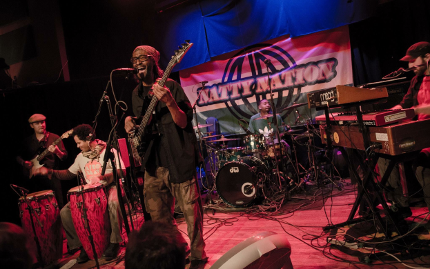 Eine Gruppe Musiker auf der Bühne mit Instrumenten und Mikrofonen, mit einem Banner im Hintergrund und einer sichtbaren Menge unten, während einer Live-Aufführung der Fatty Nation.