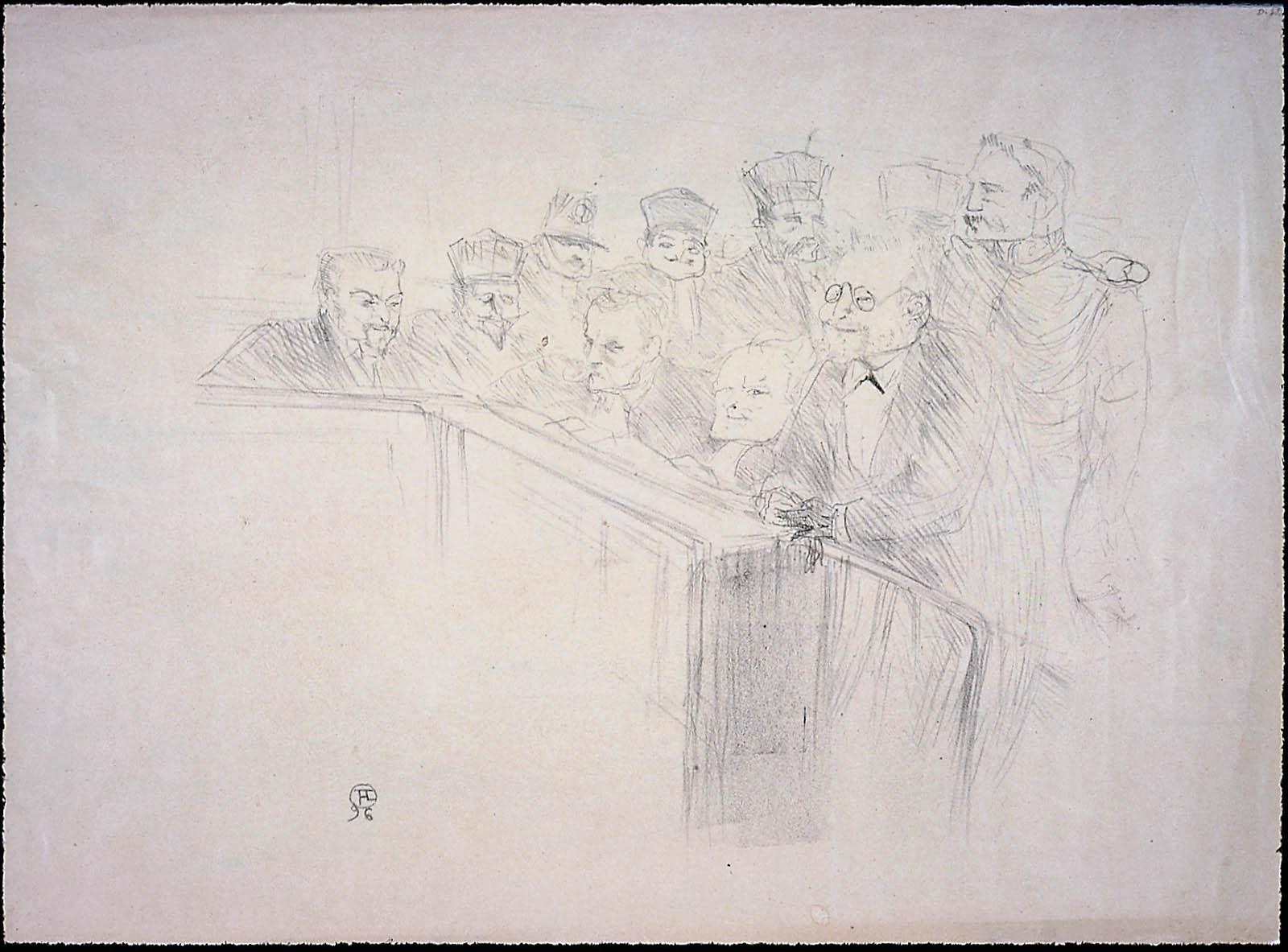 Schwarz-weiß-Zeichnung einer Gruppe von Menschen, die an einem unordentlichen Tisch in einem Gerichtssaal sitzen, mit einem schwarzen Rahmen um die Szene.