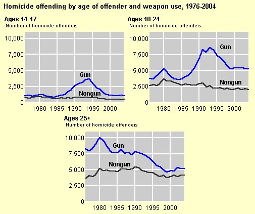 Balkendiagramm, das die Homicid-Offending-Rates nach Alter des Täters und Waffengebrauch von 1976 bis 2004 zeigt, mit begleitendem erklärendem Text.