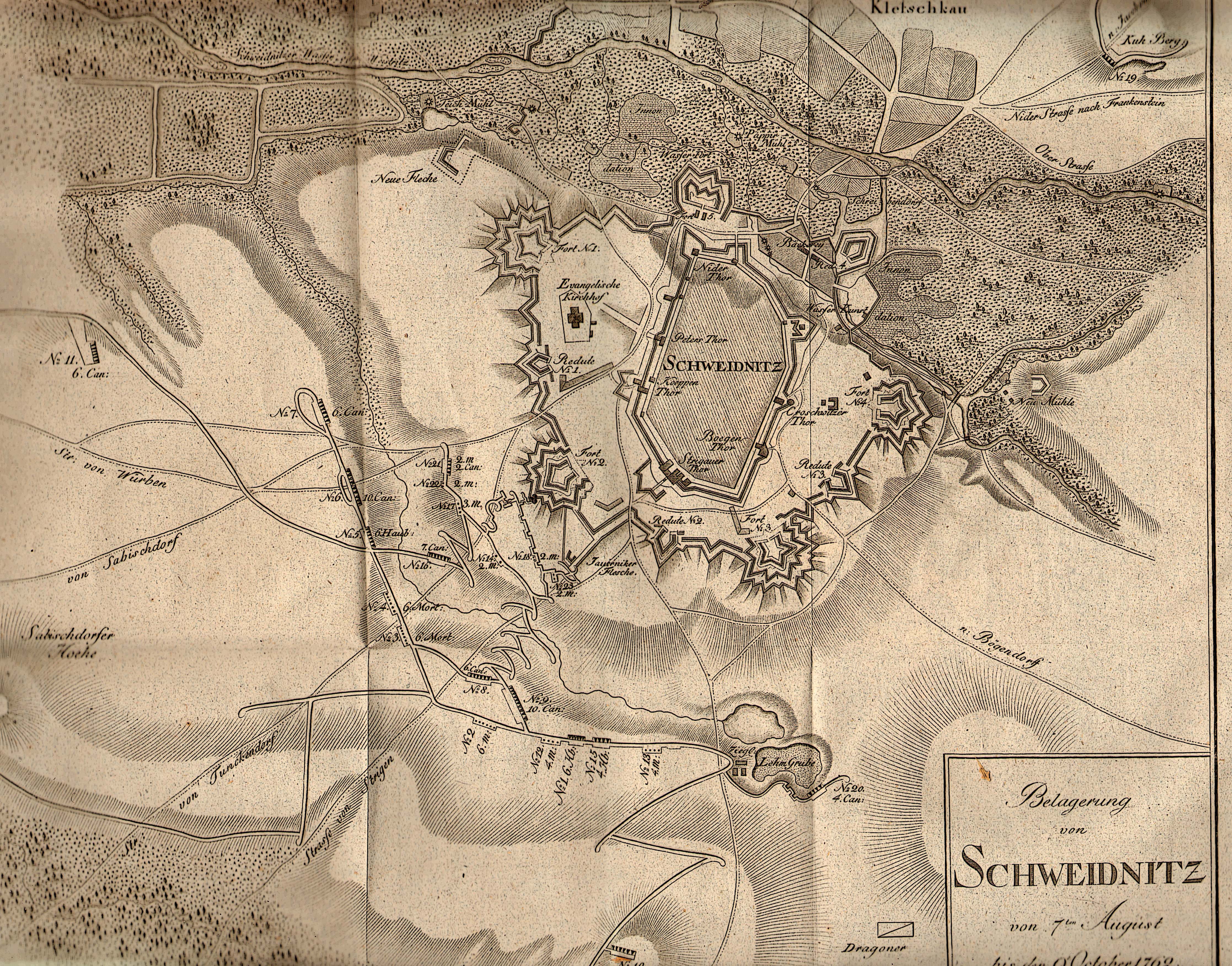 Ein detaillierter alter Stadtplan von Schweidnitz, Deutschland, der Straßen, Gebäude, Sehenswürdigkeiten und Textbeschreibungen zeigt.