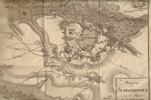 Ein detaillierter alter Stadtplan von Schweidnitz, Deutschland, der Straßen, Gebäude, Sehenswürdigkeiten und Textbeschreibungen zeigt.