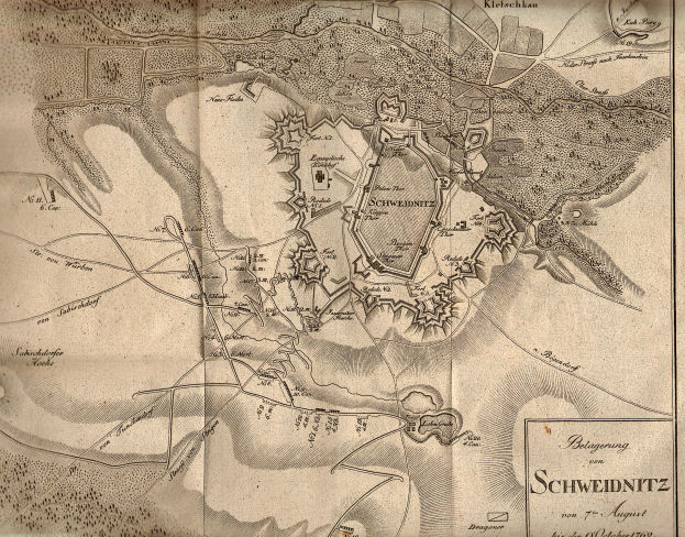 Ein detaillierter alter Stadtplan von Schweidnitz, Deutschland, der Straßen, Gebäude, Sehenswürdigkeiten und Textbeschreibungen zeigt.