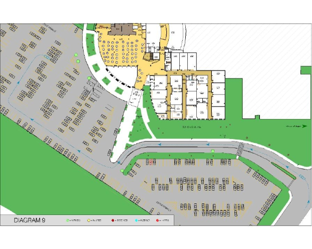 Ein Lageplan für eine neue Entwicklung in San Antonio, Texas, der Straßen, Gebäude und Sehenswürdigkeiten zeigt.