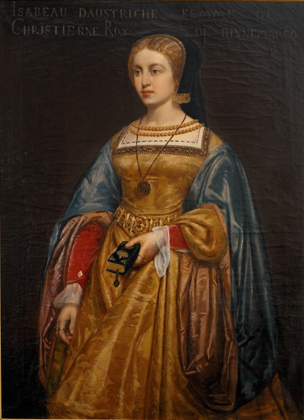 Gemälde von Isabella daustriche in einem goldenen Kleid mit detaillierten Verzierungen, Haar zu einem Knoten gebunden, mit königlicher Ausstrahlung und einem friedlichen Ausdruck.