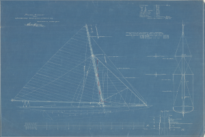 Ein detailliertes Blaupause-Bild eines Segelboots auf einem weißen Hintergrund, das den Mast, die Segel und den Rumpf zeigt, mit begleitendem Text, der das Bootdesign und die Features beschreibt.