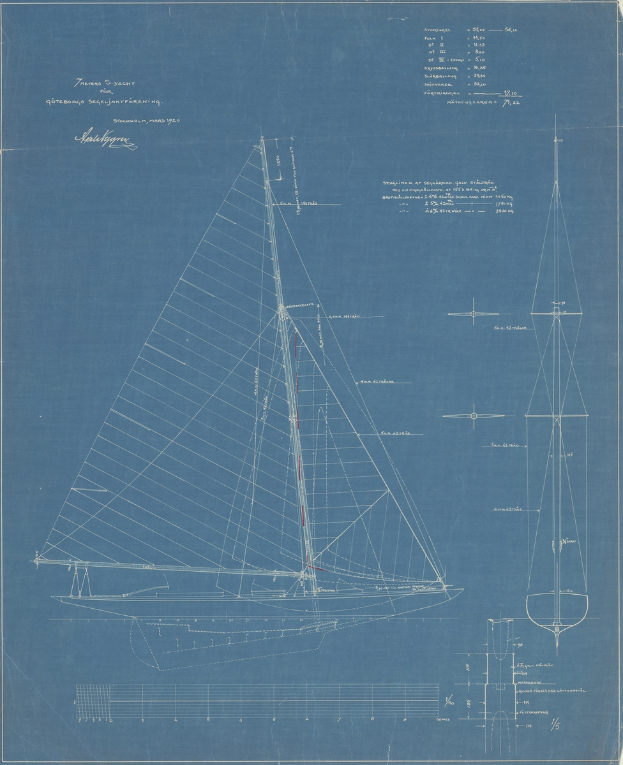 Ein detailliertes Blaupause-Bild eines Segelboots auf einem weißen Hintergrund, das den Mast, die Segel und den Rumpf zeigt, mit begleitendem Text, der das Bootdesign und die Features beschreibt.