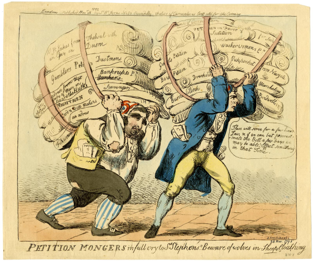 Zwei Karikaturenmännchen kämpfen gegeneinander, jeder hält ein großes Blatt Papier in der Hand.