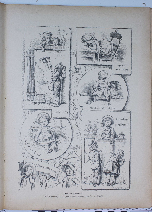 Offenes Buch mit einer Illustration von Kindern, die in einem grünen Garten spielen, auf einer flachen Oberfläche platziert.