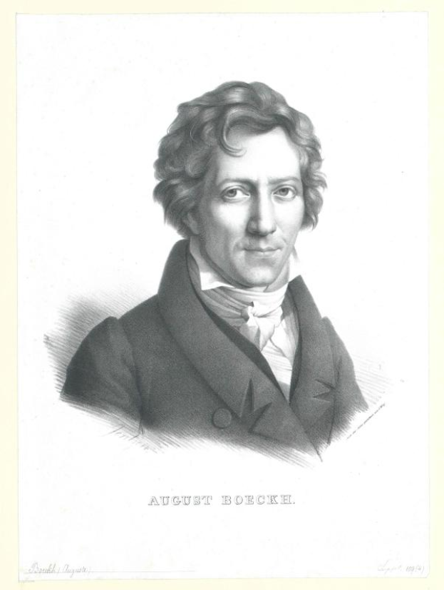 Ein Schwarz-Weiß-Porträt von August Boecke, einem deutschen Komponisten, der einen Mantel trägt, mit Text am unteren Bildrand.