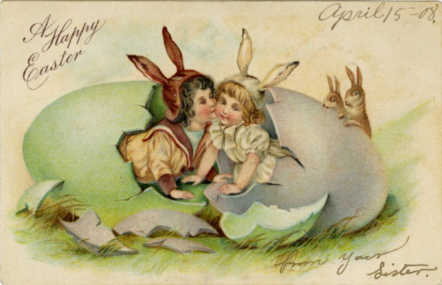 Altmodische Osterkarte mit zwei Kindern in einer eiförmigen Illustration, flankiert von zwei Hasen, mit Text, der einen frohen Ostergruss wünscht.