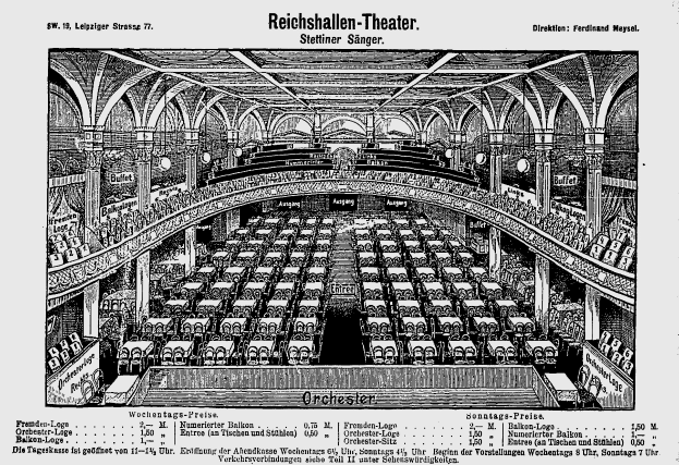 Eine Schwarz-Weiß-Zeichnung des Reichshallen Theaters in Berlin, Deutschland, zeigt das Auditorium mit Reihen von Stühlen, Säulen und einer Decke, mit Text unten.