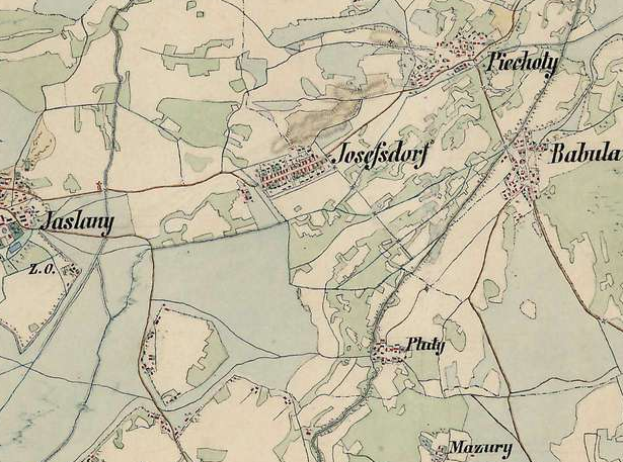 Ein detailliertes altes Stadtplan von Jossefsdorf mit Straßen, Gebäuden und Sehenswürdigkeiten mit Textangaben zur Lage der Stadt.